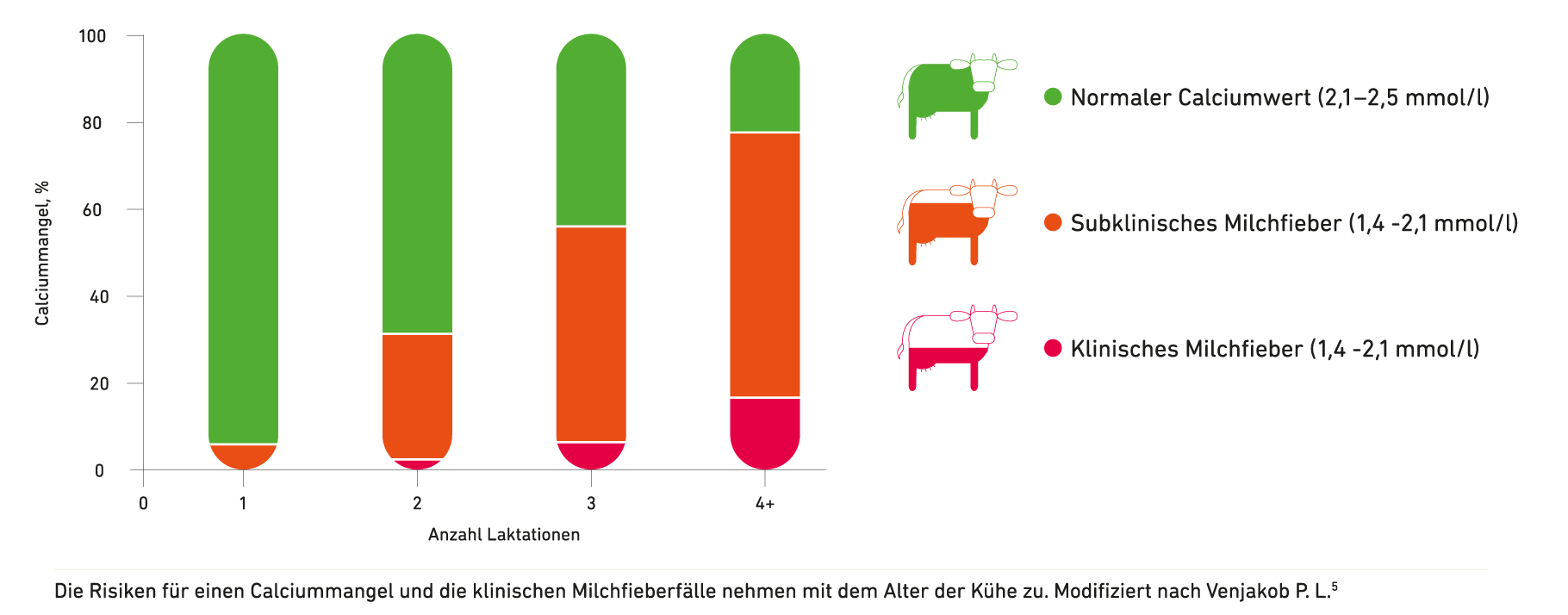 Balkendiagramm zeigt Calciumwerte bei Kühen nach Anzahl der Laktationen und das damit steigende Risiko für Calciumdefizit und Milchfieber mit zunehmender Laktation.